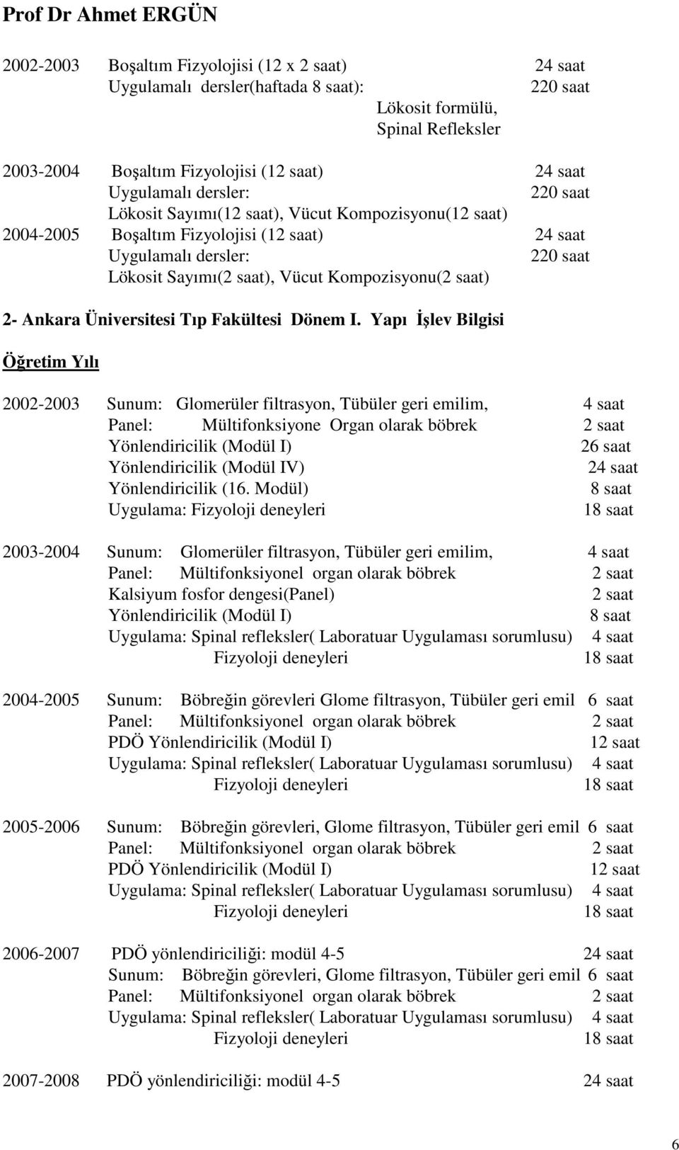 Yapı İşlev Bilgisi 2002-2003 Sunum: Glomerüler filtrasyon, Tübüler geri emilim, 4 saat Panel: Mültifonksiyone Organ olarak böbrek 2 saat Yönlendiricilik (Modül I) 26 saat Yönlendiricilik (Modül IV)