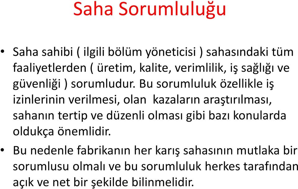 Bu sorumluluk özellikle iş izinlerinin verilmesi, olan kazaların araştırılması, sahanın tertip ve düzenli olması