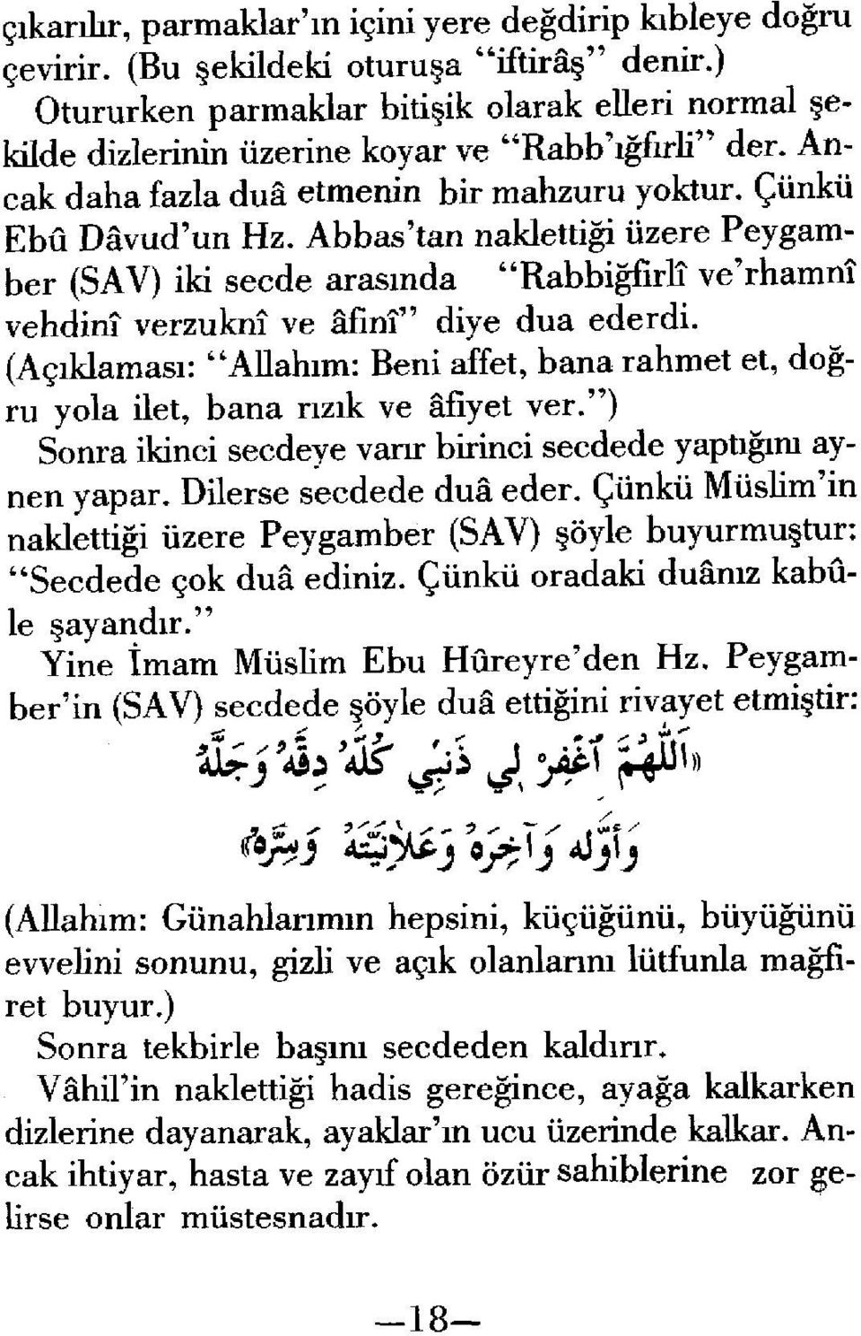 Abbas'tan naklettigi iizere Peygamher (SAV) iki secde araslnda "Rabbigfiril ve'rhamni vehdinl verzukni ve Mini" diye dua ederdi.