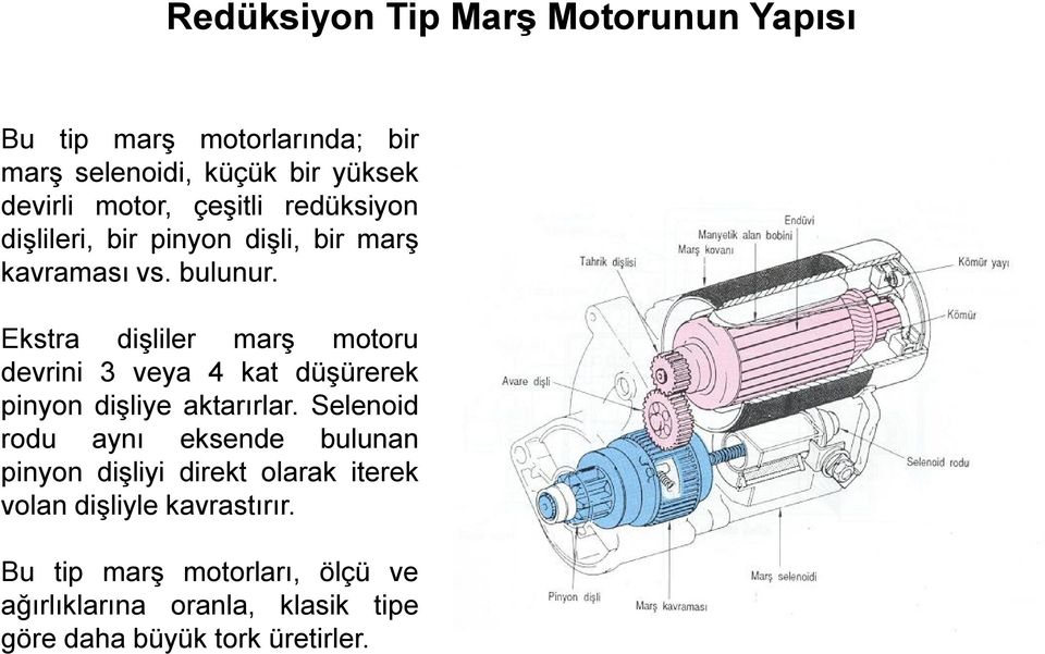 Ekstra dişliler marş motoru devrini 3 veya 4 kat düşürerek pinyon dişliye aktarırlar.