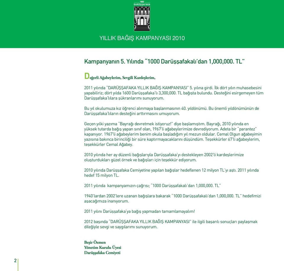 Bu yıl okulumuza kız öğrenci alınmaya başlanmasının 40. yıldönümü. Bu önemli yıldönümünün de Darüşşafaka lıların desteğini arttırmasını umuyorum. Geçen yılki yazıma Bayrağı devretmek istiyoruz!