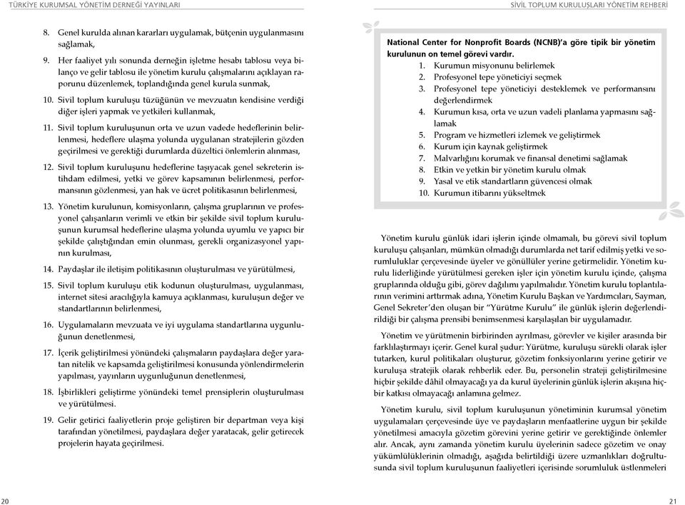 Sivil toplum kuruluşu tüzüğünün ve mevzuatın kendisine verdiği diğer işleri yapmak ve yetkileri kullanmak, 11.