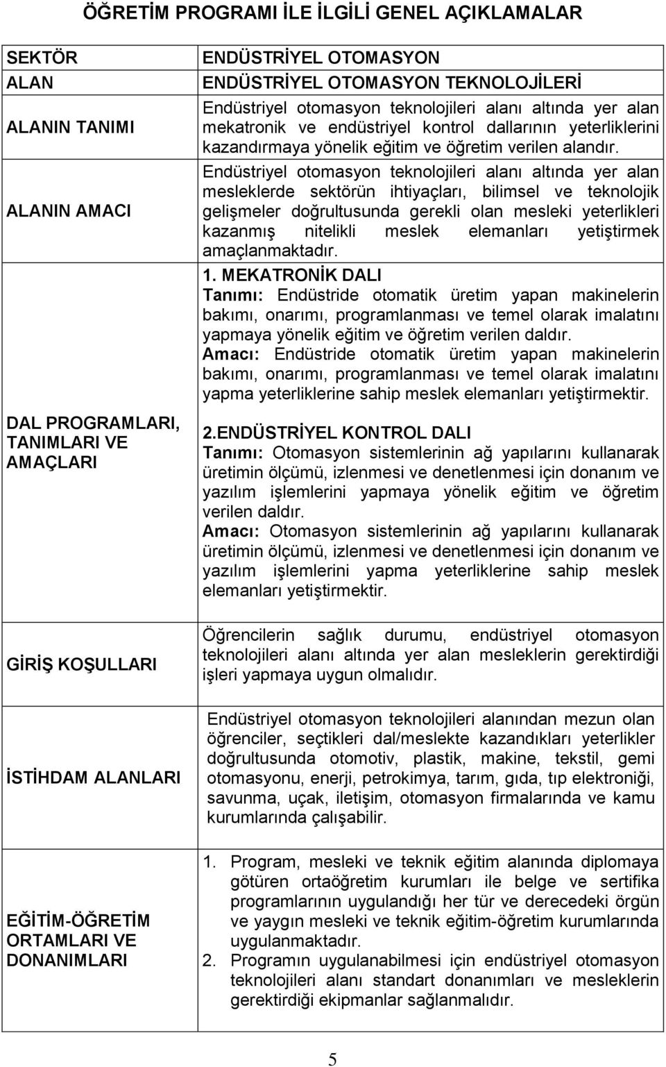 Endüstriyel otomasyon teknolojileri alanı altında yer alan mesleklerde sektörün ihtiyaçları, bilimsel ve teknolojik gelişmeler doğrultusunda gerekli olan mesleki yeterlikleri kazanmış nitelikli