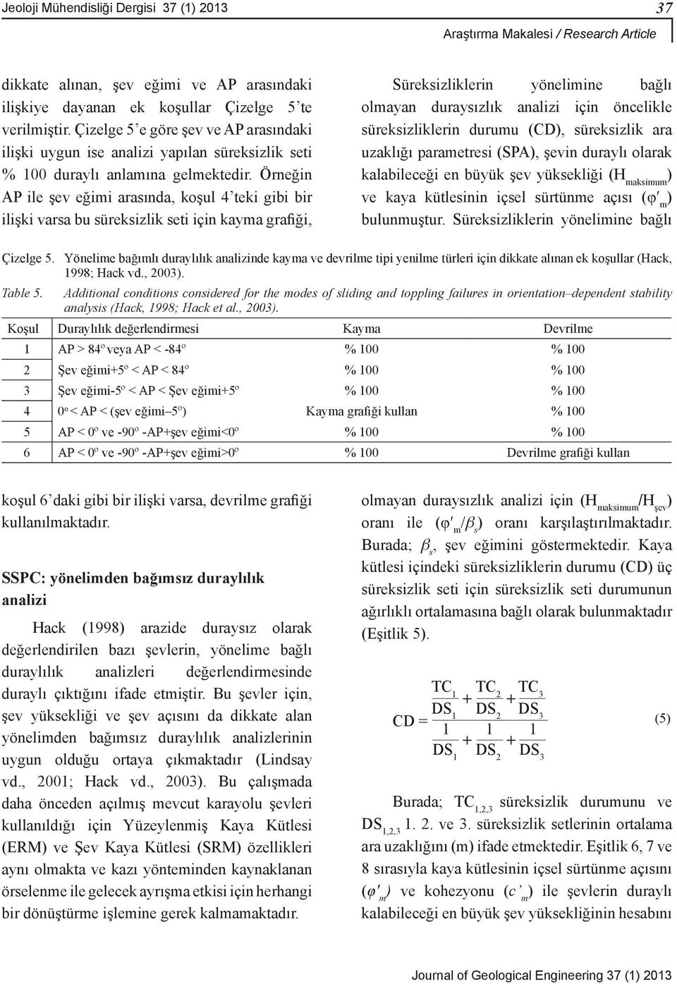 Örneğin AP ile şev eğimi arasında, koşul 4 teki gibi bir ilişki varsa bu süreksizlik seti için kayma grafiği, Süreksizliklerin yönelimine bağlı olmayan duraysızlık analizi için öncelikle