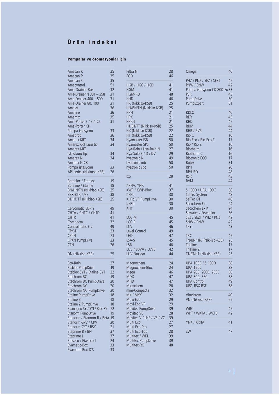 API series (Nikkoso-KSB) 26 Betabloc / Etabloc 19 Betaline / Etaline 18 BN/HN/TN (Nikkiso-KSB) 25 BSX-BSF, UPZ 38 BT/HT/TT (Nikkiso-KSB) 25 Cervomatic EDP.