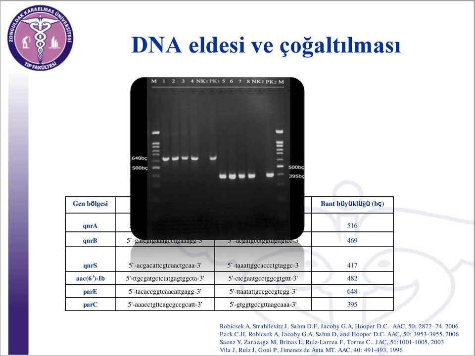 5'-ttaatattgccgccgtcgg-3' 648 parc 5'-aaacctgttcagcgccgcatt-3' 5'-gtggtgccgttaagcaaa-3' 395 Robicsek A, Strahilevitz J, Sahm D.F, Jacoby G.A, Hooper D.C. AAC, 50: 2872 74. 2006 Park C.