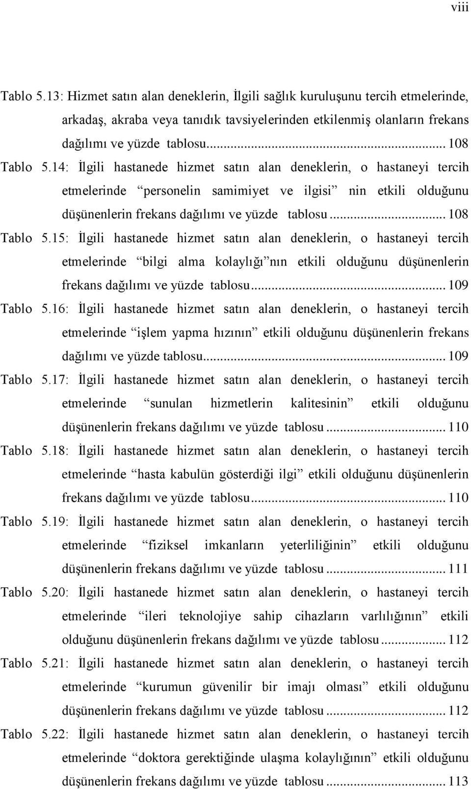 .. 108 Tablo 5.15: İlgili hastanede hizmet satın alan deneklerin, o hastaneyi tercih etmelerinde bilgi alma kolaylığı nın etkili olduğunu düşünenlerin frekans dağılımı ve yüzde tablosu... 109 Tablo 5.