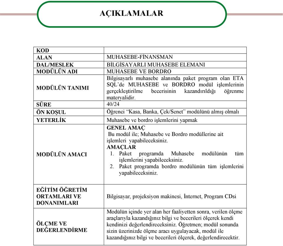 SÜRE 40/24 ÖN KOŞUL Öğrenci Kasa, Banka, Çek/Senet modülünü almış olmalı YETERLİK Muhasebe ve bordro işlemlerini yapmak GENEL AMAÇ Bu modül ile; Muhasebe ve Bordro modüllerine ait işlemleri