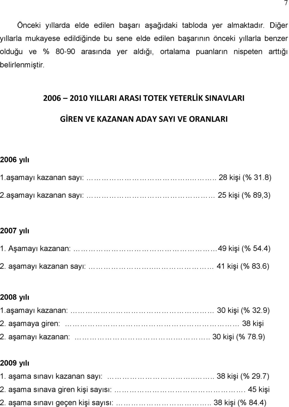 2006 2010 YILLARI ARASI TOTEK YETERLİK SINAVLARI GİREN VE KAZANAN ADAY SAYI VE ORANLARI 2006 yılı 1.aşamayı kazanan sayı:.... 28 kişi (% 31.8) 2.aşamayı kazanan sayı: 25 kişi (% 89,3) 2007 yılı 1.