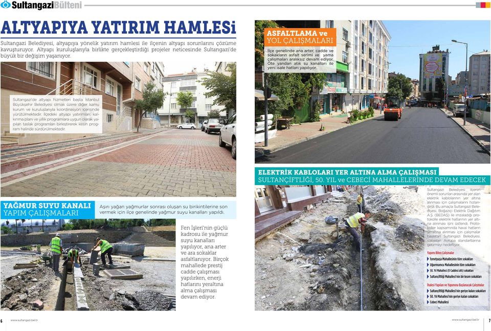 ASFALTLAMA ve YOL ÇALIŞMALARI İlçe genelinde ana arter, cadde ve sokakların asfalt serimi ve yama çalışmaları aralıksız devam ediyor. Öte yandan atık su kanalları ile yeni isale hatları yapılıyor.