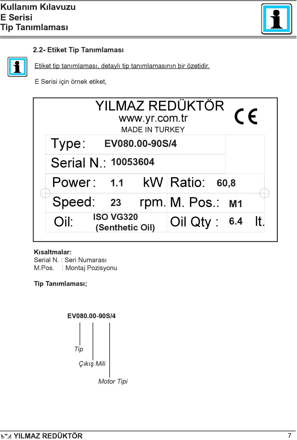 için örnek etiket, Type: Serial N.: Power : Speed: Oil : www.yr.com.tr MADE IN TURKEY EV080.