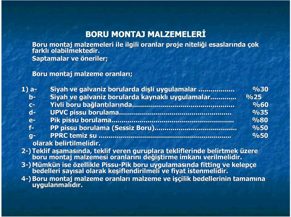 .. %25 c- Yivli boru bağlant lantılarında... %60 d- UPVC pissu borulama... %35 e- Pik pissu borulama... %80 f- PP pissu borulama (Sessiz Boru)... %50 g- PPRC temiz su... %50 olarak belirtilmelidir.