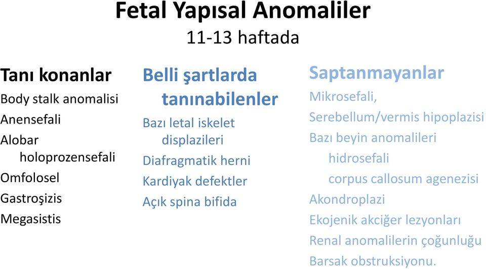 Kardiyak defektler Açık spina bifida Saptanmayanlar Mikrosefali, Serebellum/vermis hipoplazisi Bazı beyin anomalileri