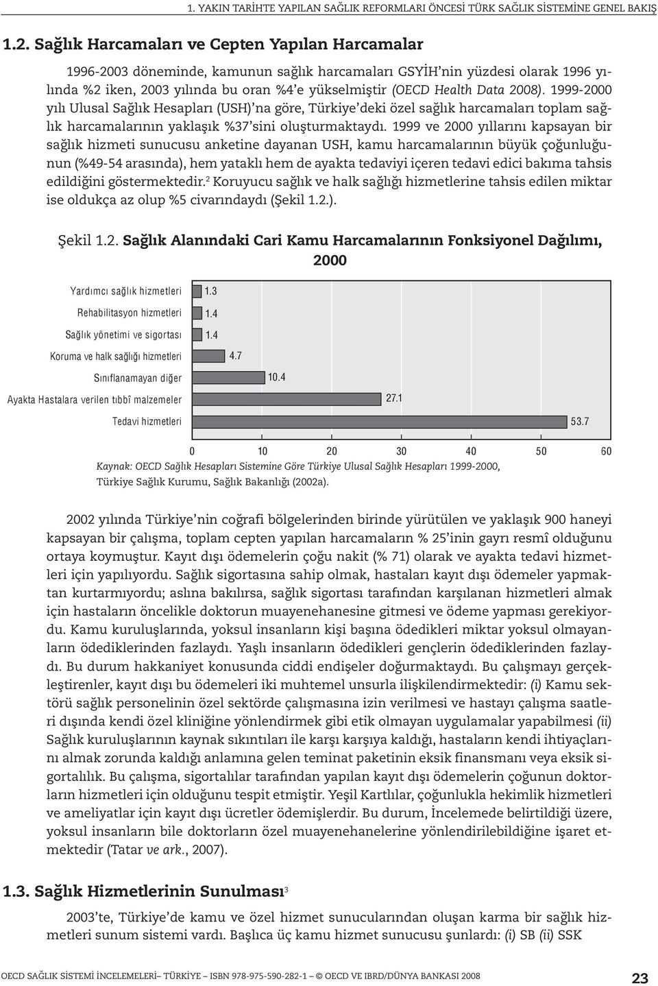 1999 ve 2000 yıllarını kapsayan bir sağlık hizmeti sunucusu anketine dayanan USH, kamu harcamalarının büyük çoğunluğunun (%49-54 arasında), hem yataklı hem de ayakta tedaviyi içeren tedavi edici