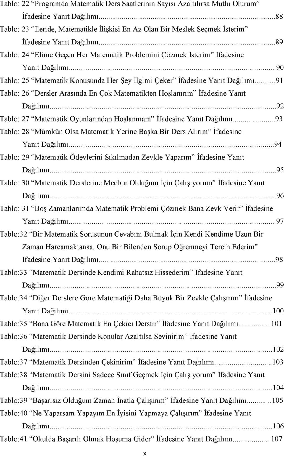 ..90 Tablo: 25 Matematik Konusunda Her Şey İlgimi Çeker İfadesine Yanıt Dağılımı...91 Tablo: 26 Dersler Arasında En Çok Matematikten Hoşlanırım İfadesine Yanıt Dağılımı.