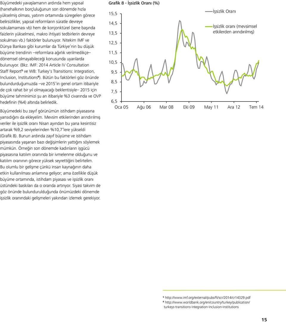 Nitekim IMF ve Dünya Bankası gibi kurumlar da Türkiye nin bu düşük büyüme trendinin reformlara ağırlık verilmedikçe dönemsel olmayabileceği konusunda uyarılarda bulunuyor. (Bkz.