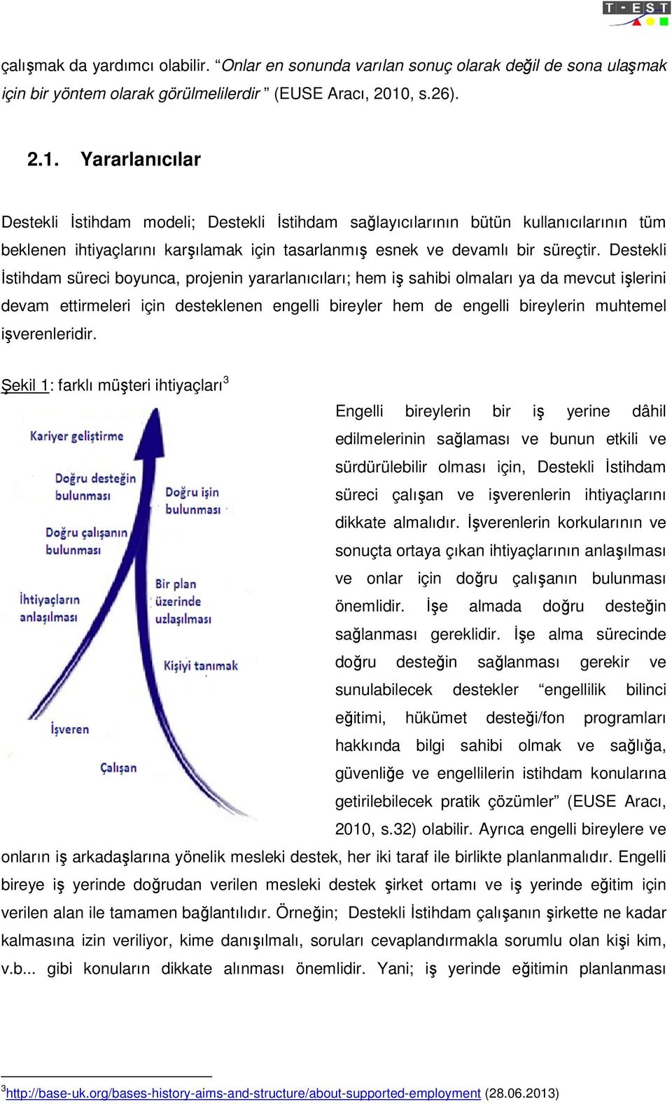 , s.26). 2.1. Yararlanıcılar Destekli İstihdam modeli; Destekli İstihdam sağlayıcılarının bütün kullanıcılarının tüm beklenen ihtiyaçlarını karşılamak için tasarlanmış esnek ve devamlı bir süreçtir.