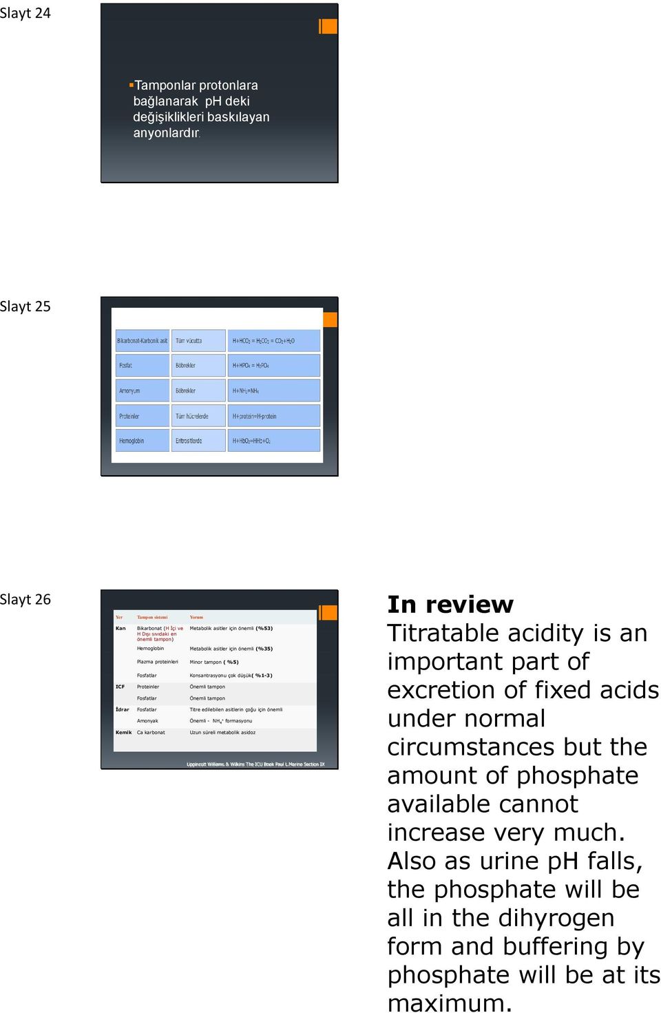 proteinleri Minor tampon ( %5) Fosfatlar Konsantrasyonu çok düşük( %1-3) ICF Proteinler Önemli tampon Fosfatlar Önemli tampon İdrar Fosfatlar Titre edilebilen asitlerin çoğu için önemli Amonyak