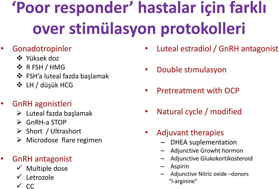 Multiple dose Letrozole CC Luteal estradiol / GnRH antagonist Double stımulasyon Pretreatment with OCP Natural cycle / modified