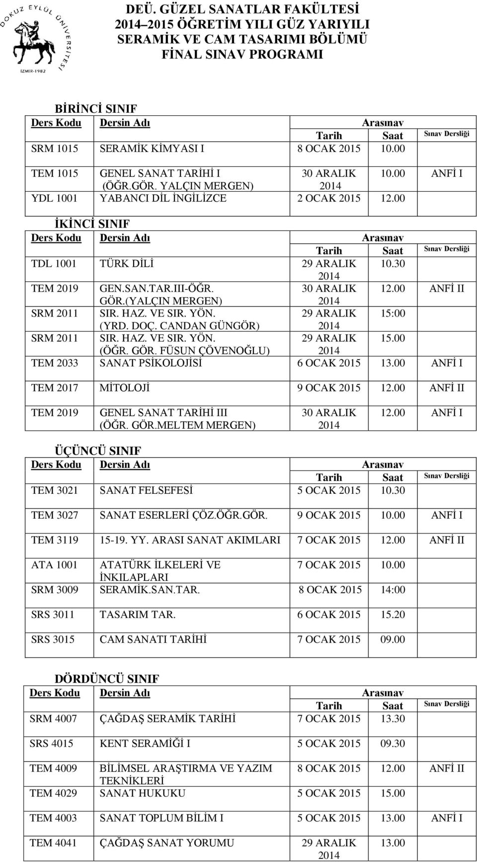 00 ANFİ II GÖR.(YALÇIN MERGEN) 2014 SRM 2011 SIR. HAZ. VE SIR. YÖN. 29 ARALIK (YRD. DOÇ. CANDAN GÜNGÖR) 2014 SRM 2011 SIR. HAZ. VE SIR. YÖN. 29 ARALIK 15.00 (ÖĞR. GÖR. FÜSUN ÇÖVENOĞLU) 2014 TEM 2033 SANAT PSİKOLOJİSİ 6 OCAK 2015 13.
