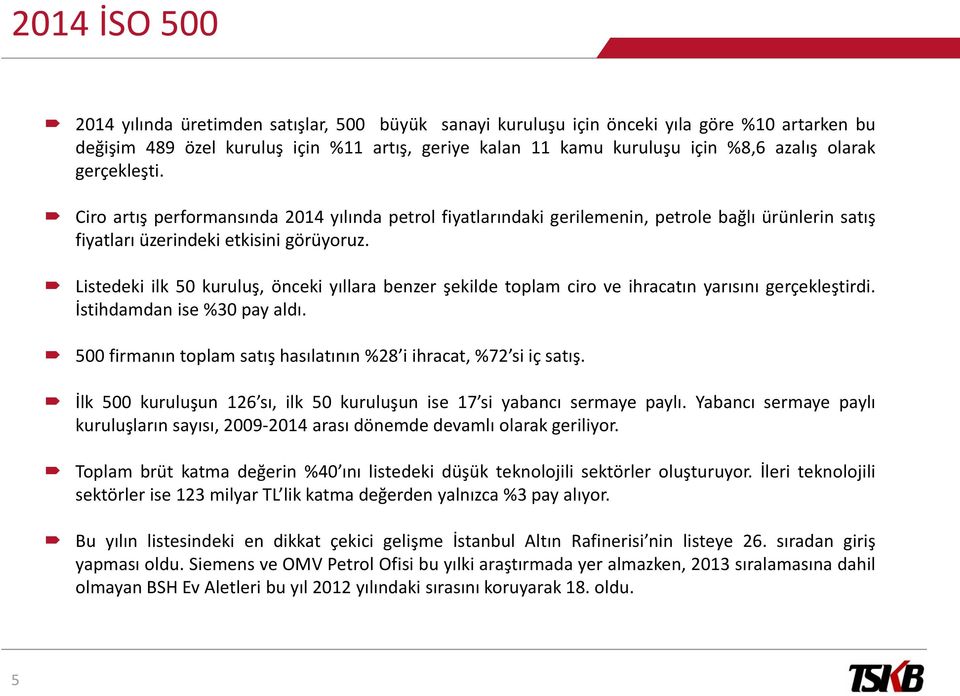 Listedeki ilk 50 kuruluş, önceki yıllara benzer şekilde toplam ciro ve ihracatın yarısını gerçekleştirdi. İstihdamdan ise %30 pay aldı.