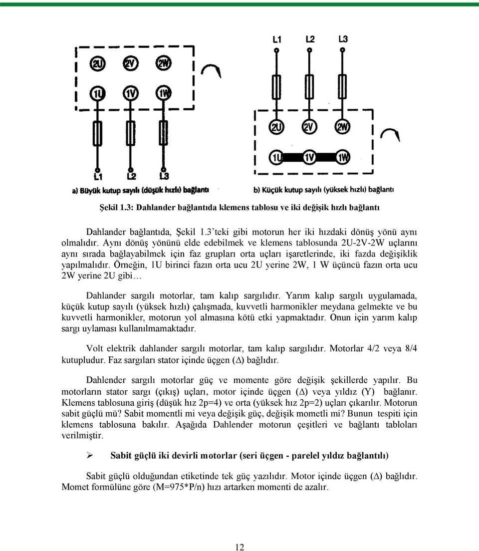 Örneğin, 1U birinci fazın orta ucu 2U yerine 2W, 1 W üçüncü fazın orta ucu 2W yerine 2U gibi Dahlander sargılı motorlar, tam kalıp sargılıdır.