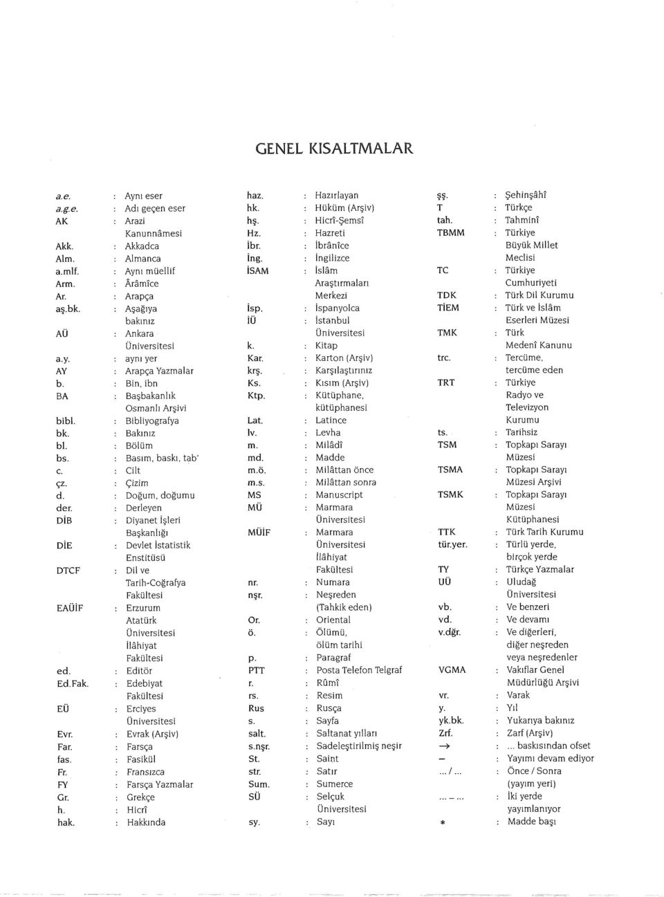 Kitap a.y. aynı yer Kar. Karton (Arşiv) trc. AY Arapça Yazmalar krş. Karşılaştırınız b. Bin, ibn Ks. Kısım (Arşiv) TRT BA Başbakanlık Ktp. Kütüphane, Osmanlı Arşivi kütüphanesi bibi.