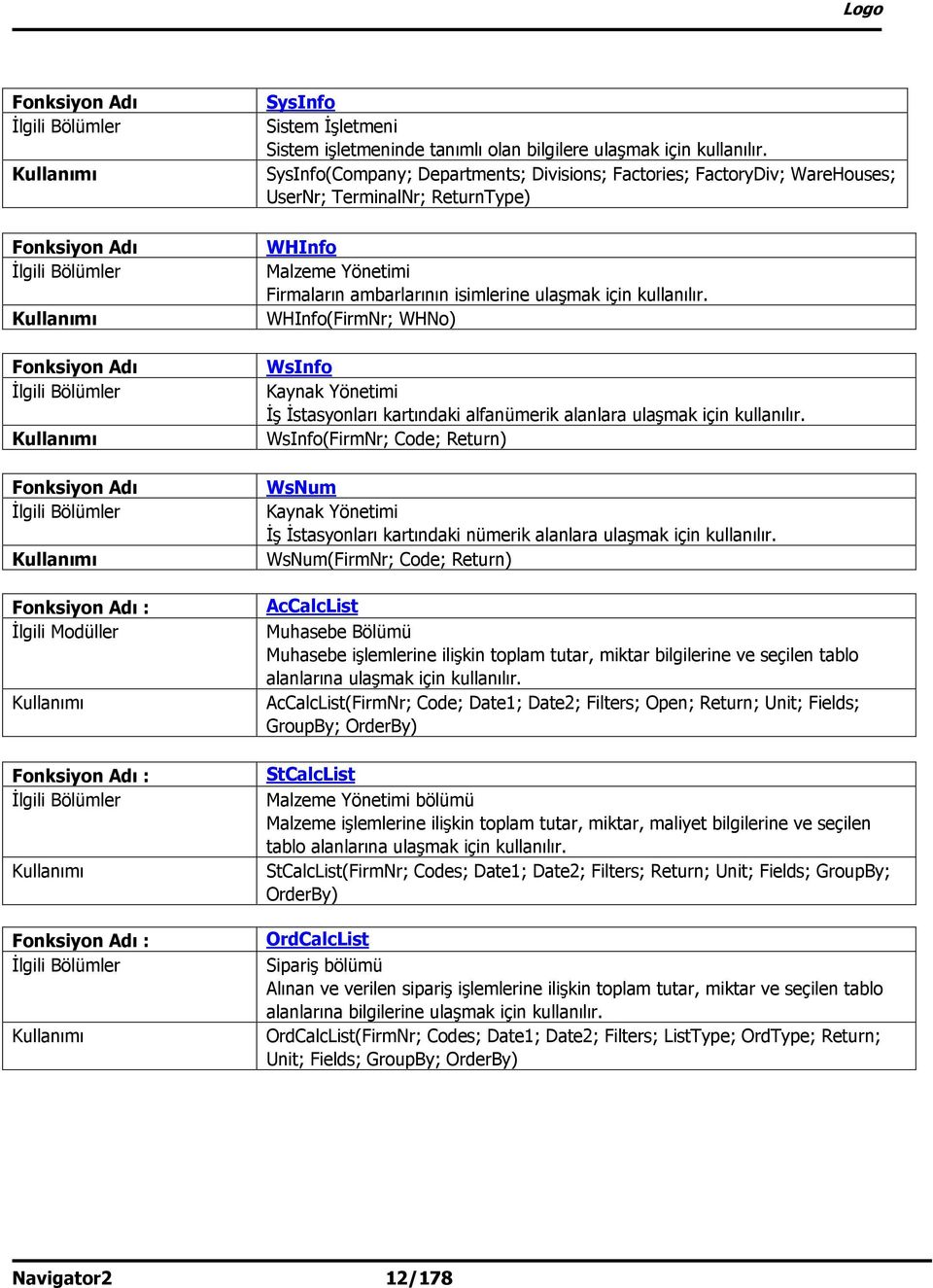 WHInfo(FirmNr; WHNo) WsInfo Kaynak Yönetimi İş İstasyonları kartındaki alfanümerik alanlara ulaşmak için kullanılır.