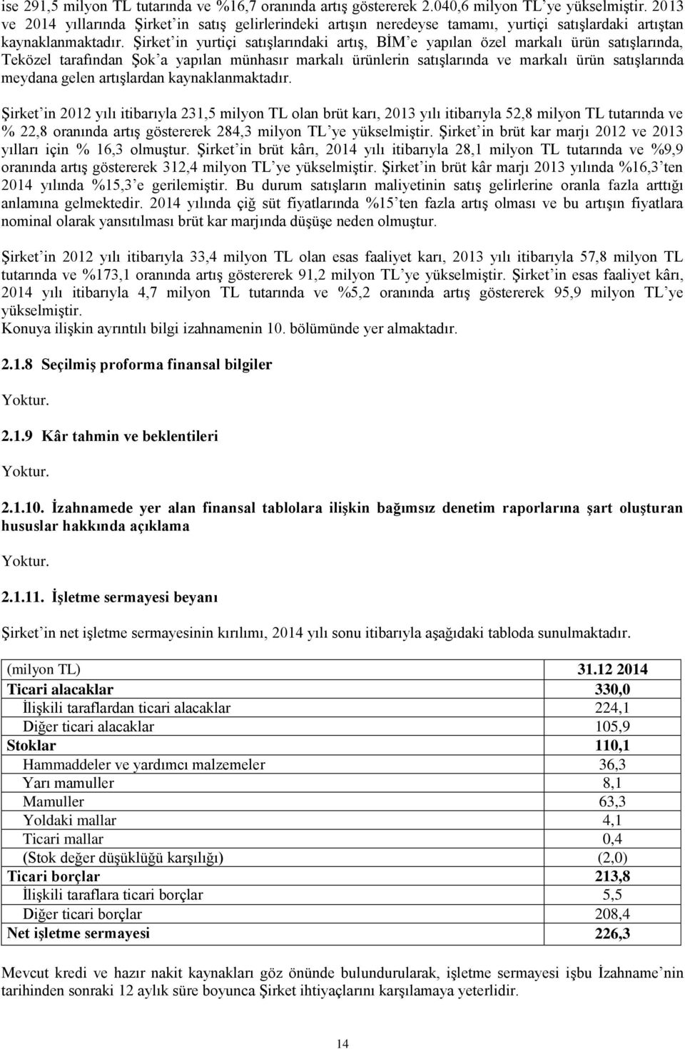 Şirket in yurtiçi satışlarındaki artış, BİM e yapılan özel markalı ürün satışlarında, Teközel tarafından Şok a yapılan münhasır markalı ürünlerin satışlarında ve markalı ürün satışlarında meydana