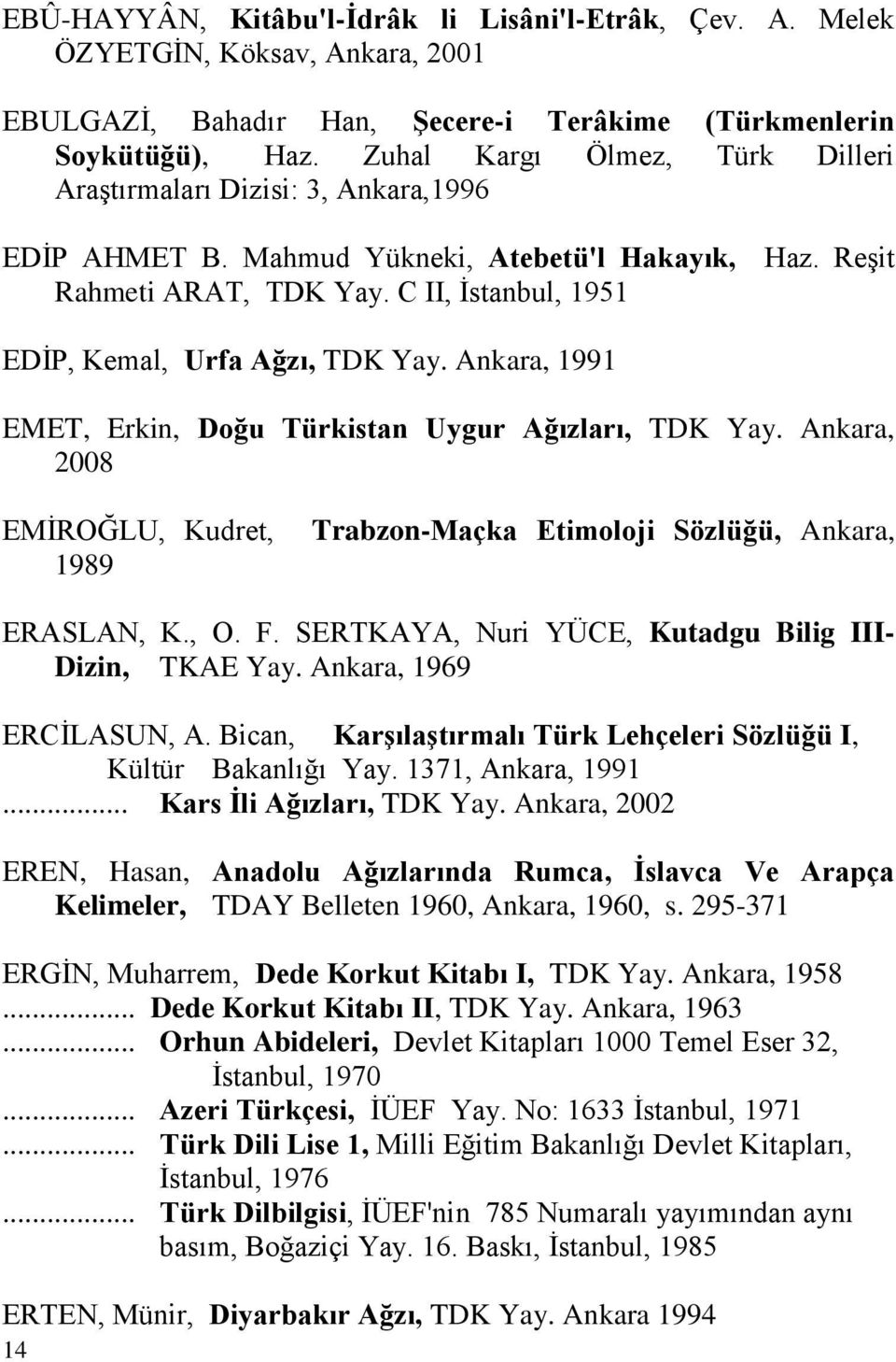 C II, İstanbul, 1951 EDİP, Kemal, Urfa Ağzı, TDK Yay. Ankara, 1991 EMET, Erkin, Doğu Türkistan Uygur Ağızları, TDK Yay.