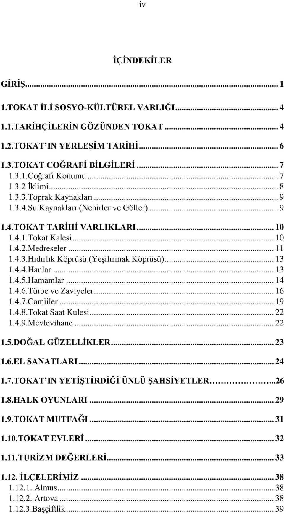 .. 13 1.4.4.Hanlar... 13 1.4.5.Hamamlar... 14 1.4.6.Türbe ve Zaviyeler... 16 1.4.7.Camiiler... 19 1.4.8.Tokat Saat Kulesi... 22 1.4.9.Mevlevihane... 22 1.5.DOĞAL GÜZELLİKLER... 23 1.6.EL SANATLARI.