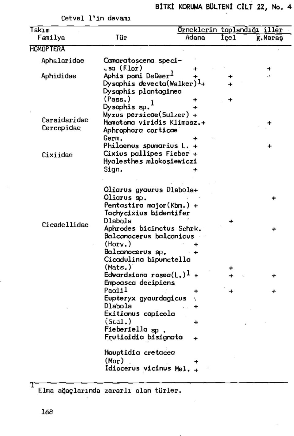 + Aphrophora corticae Germ. + Philaenus spumarius L. + Cixius pallipes Fieber + Hyalesthes mlokosiewiczi Sign. + örneklerin toplandığı iller Adana İçel R.