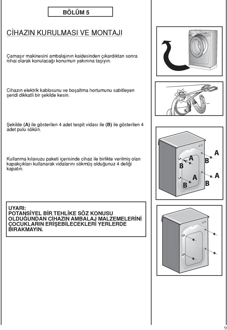 Şekilde (A) ile gösterilen 4 adet tespit vidası ile (B) ile gösterilen 4 adet pulu sökün.