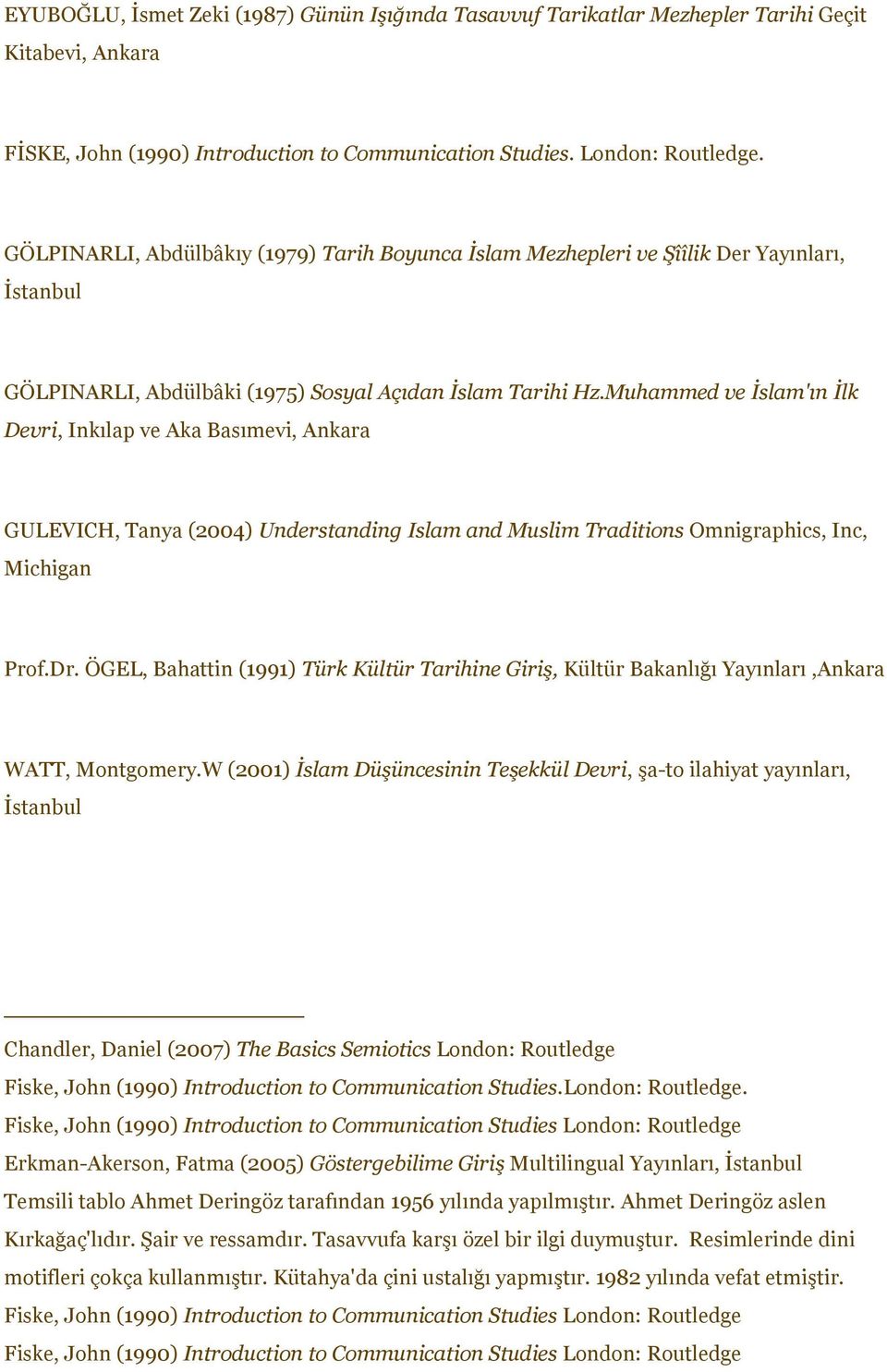 Muhammed ve İslam'ın İlk Devri, Inkılap ve Aka Basımevi, Ankara GULEVICH, Tanya (2004) Understanding Islam and Muslim Traditions Omnigraphics, Inc, Michigan Prof.Dr.