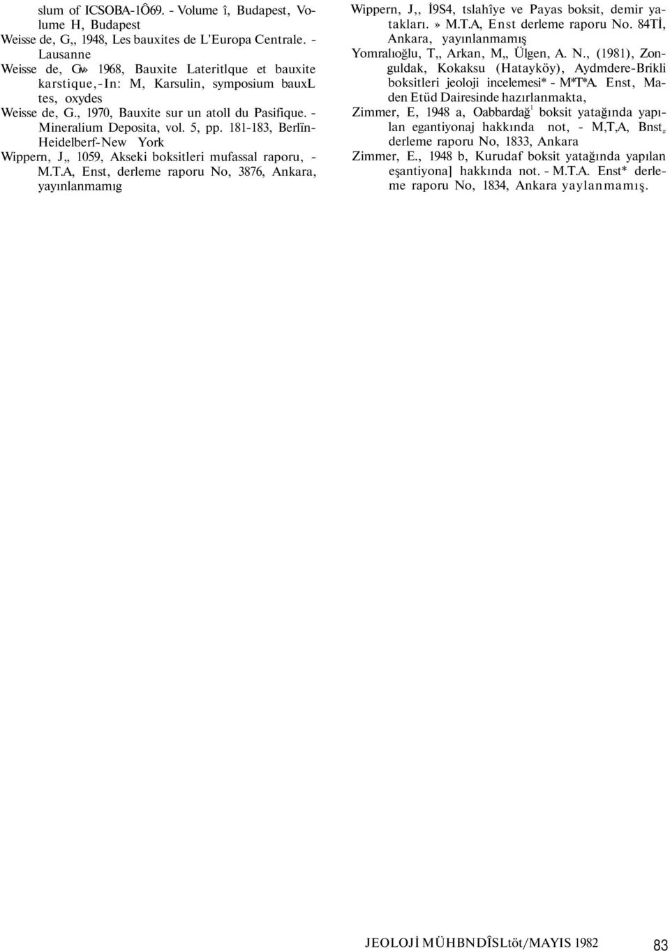 - Mineralium Deposita, vol. 5, pp. 181-183, Berlïn- Heidelberf-New York Wippern, J 1059, Akseki boksitleri mufassal raporu, - M.T.