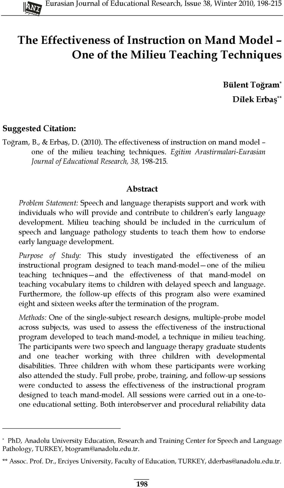 Egitim Arastirmalari-Eurasian Journal of Educational Research, 38, 198-215.