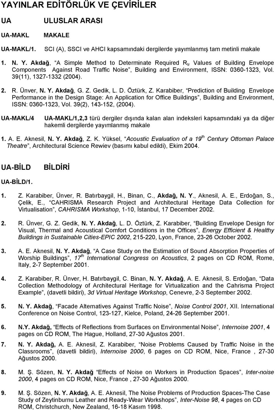 Y. Akdağ, G. Z. Gedik, L. D. Öztürk, Z. Karabiber, Prediction of Building Envelope Performance in the Design Stage: An Application for Office Buildings, Building and Environment, ISSN: 0360-1323, Vol.