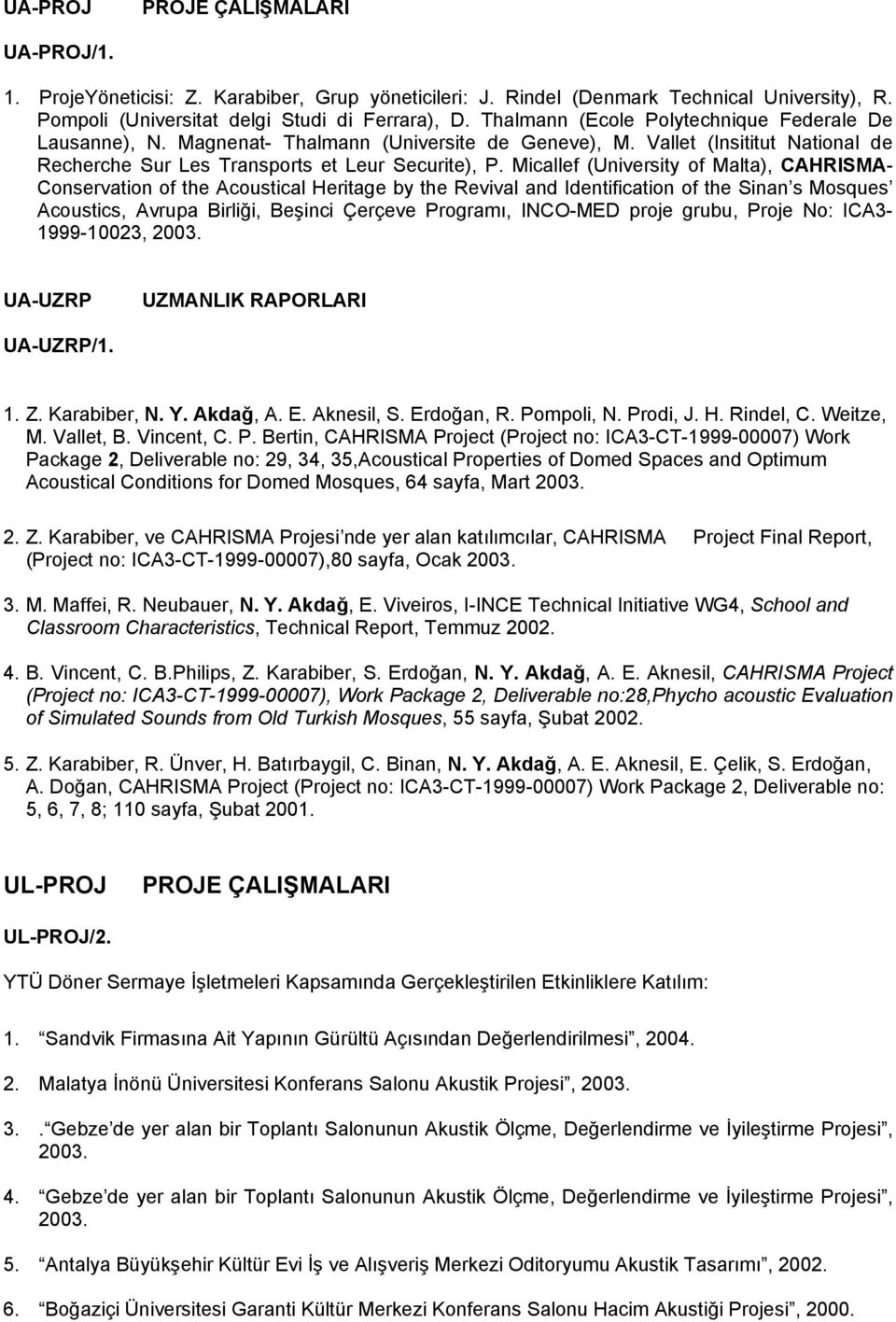 Micallef (University of Malta), CAHRISMA- Conservation of the Acoustical Heritage by the Revival and Identification of the Sinan s Mosques Acoustics, Avrupa Birliği, Beşinci Çerçeve Programı,