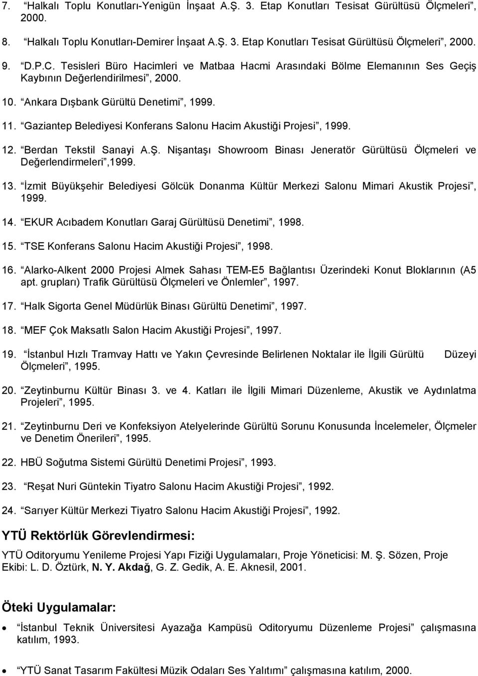 Gaziantep Belediyesi Konferans Salonu Hacim Akustiği Projesi, 1999. 12. Berdan Tekstil Sanayi A.Ş. Nişantaşı Showroom Binası Jeneratör Gürültüsü Ölçmeleri ve Değerlendirmeleri,1999. 13.