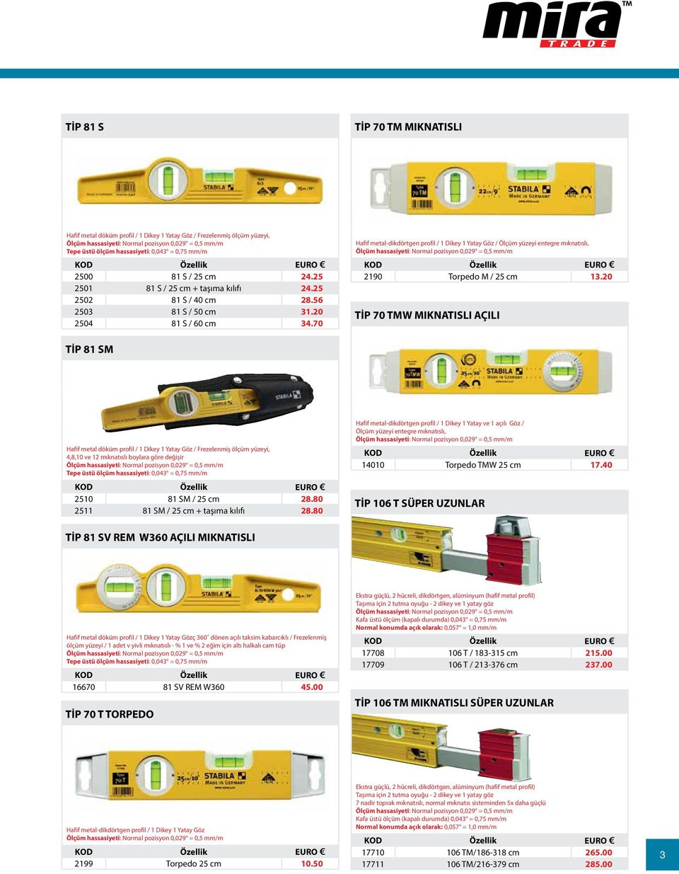 70 Hafif metal-dikdörtgen profil / 1 Dikey 1 Yatay Göz / Ölçüm yüzeyi entegre mıknatıslı, Ölçüm hassasiyeti: Normal pozisyon 0,029 = 0,5 mm/m 2190 Torpedo M / 25 cm 13.