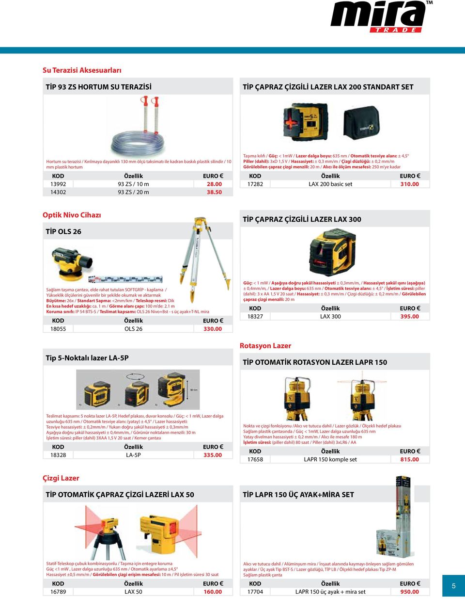 50 Taşıma kılıfı / Güç: < 1mW / Lazer dalga boyu: 635 nm / Otomatik tesviye alanı: ± 4,5 Piller (dahil): 3xD 1,5 V / Hassasiyet: ± 0,3 mm/m / Çizgi düzlüğü: ± 0,2 mm/m Görülebilen çapraz çizgi