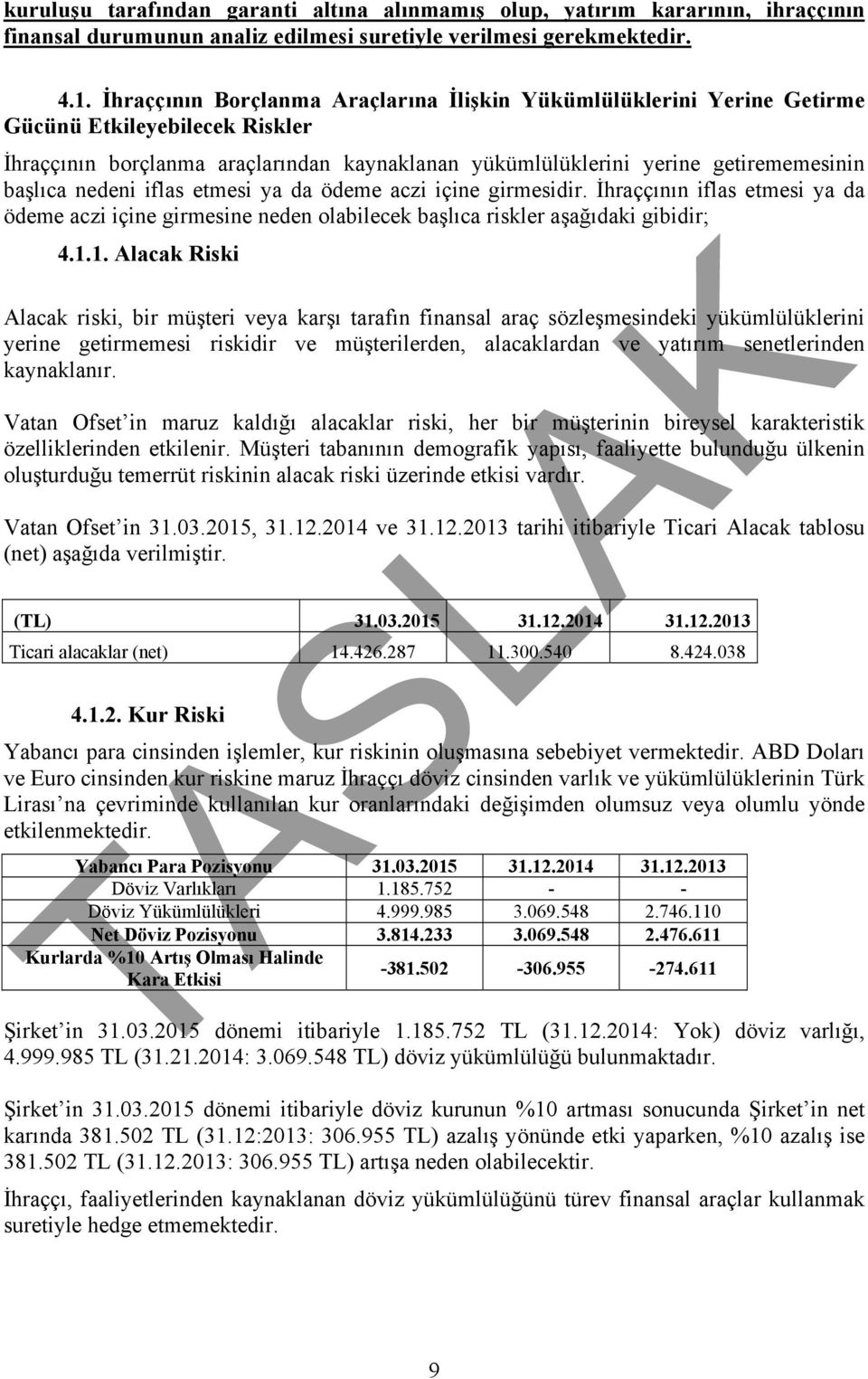 nedeni iflas etmesi ya da ödeme aczi içine girmesidir. İhraççının iflas etmesi ya da ödeme aczi içine girmesine neden olabilecek başlıca riskler aşağıdaki gibidir; 4.1.