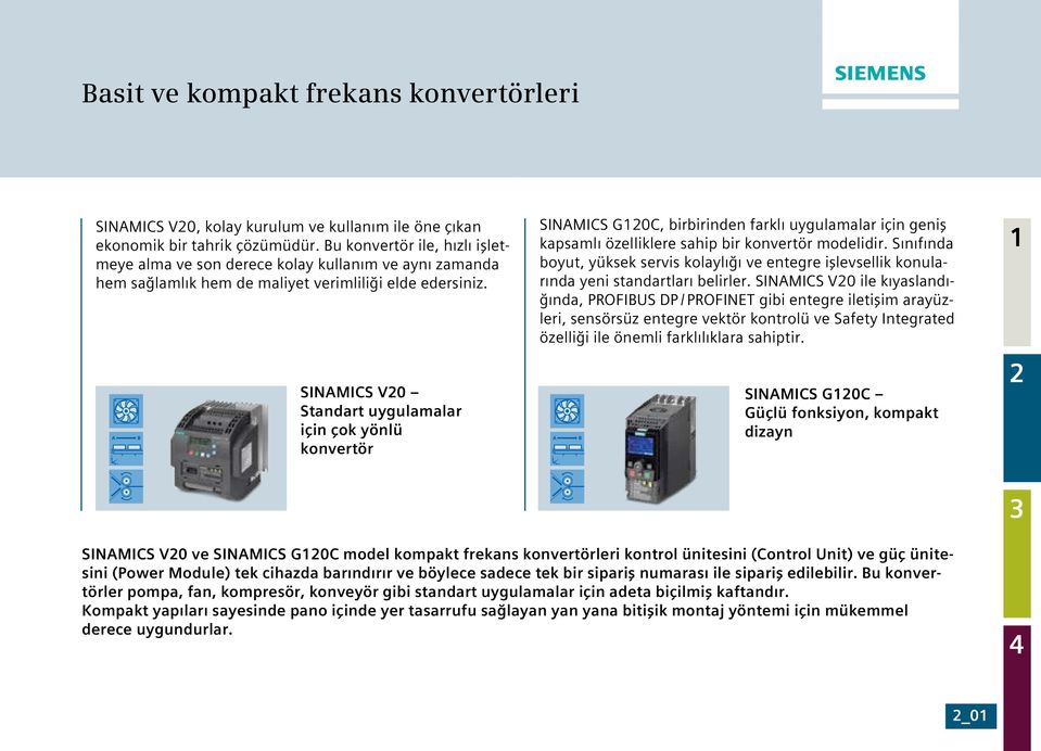 SINAMICS V0 Standart uygulamalar için çok yönlü konvertör SINAMICS G0C, birbirinden farklı uygulamalar için geniş kapsamlı özelliklere sahip bir konvertör modelidir.
