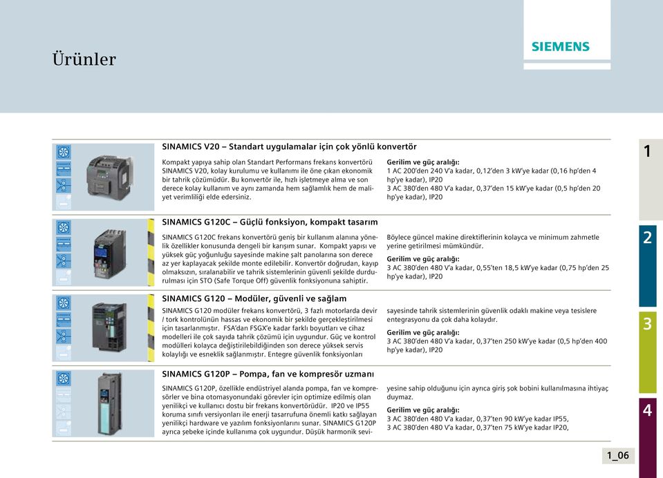 Gerilim ve güç aralığı: AC 00 den 0 V a kadar, 0, den kw ye kadar (0,6 hp den hp ye kadar), IP0 AC 80 den 80 V a kadar, 0,7 den 5 kw ye kadar (0,5 hp den 0 hp ye kadar), IP0 SINAMICS G0C Güçlü