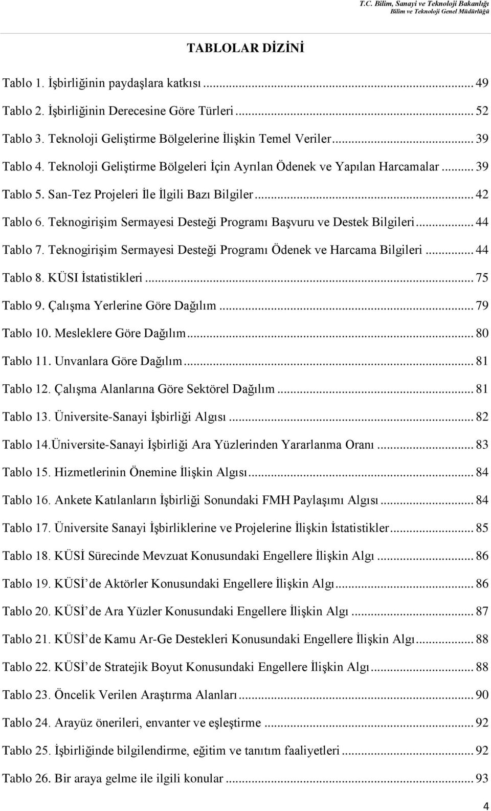 Teknogirişim Sermayesi Desteği Programı Başvuru ve Destek Bilgileri... 44 Tablo 7. Teknogirişim Sermayesi Desteği Programı Ödenek ve Harcama Bilgileri... 44 Tablo 8. KÜSI İstatistikleri... 75 Tablo 9.