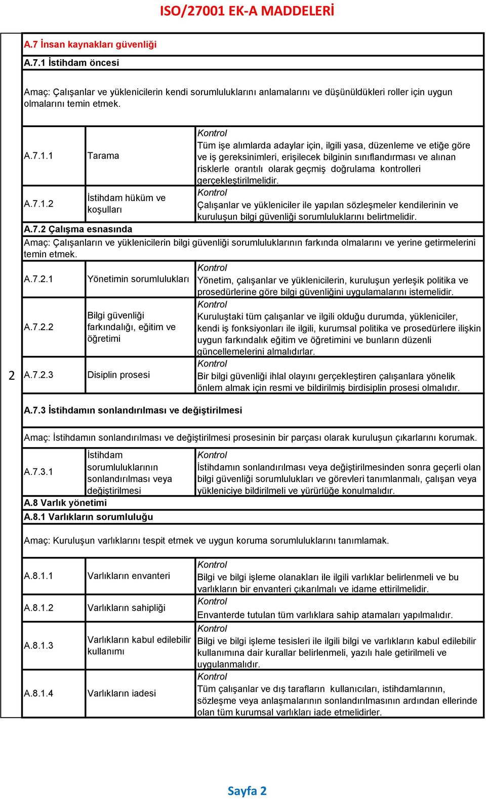 1 A.7.1.2 Tüm işe alımlarda adaylar için, ilgili yasa, düzenleme ve etiğe göre ve iş gereksinimleri, erişilecek bilginin sınıflandırması ve alınan risklerle orantılı olarak geçmiş doğrulama