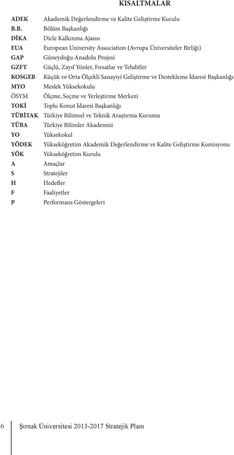 ve Tehditler KOSGEB Küçük ve Orta Ölçekli Sanayiyi Geliştirme ve Destekleme İdaresi Başkanlığı MYO Meslek Yüksekokulu ÖSYM Ölçme, Seçme ve Yerleştirme Merkezi TOKİ Toplu Konut