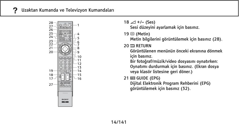 20 RETURN Görüntülenen menünün önceki ekranına dönmek için basınız.