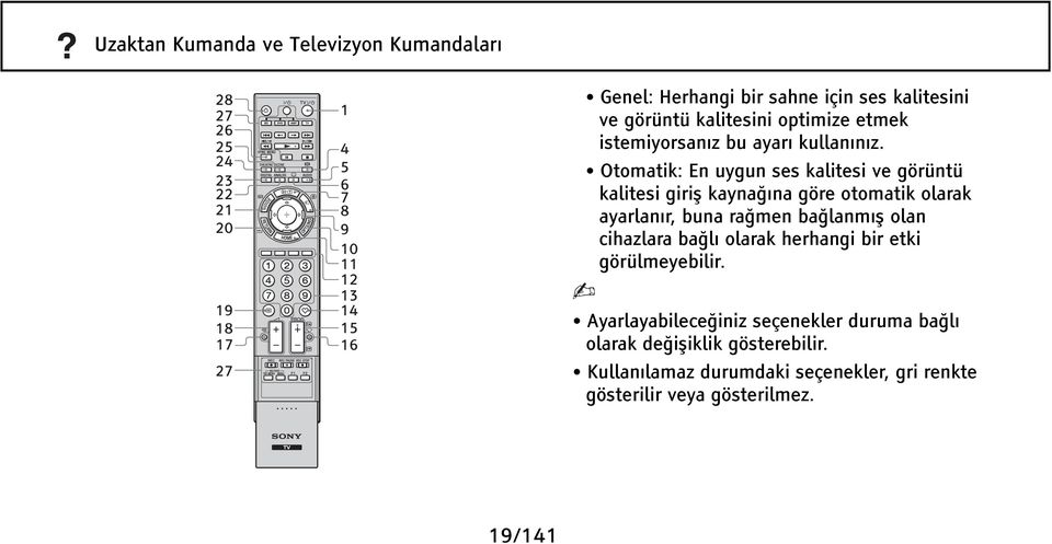 Otomatik: En uygun ses kalitesi ve görüntü kalitesi giriş kaynağına göre otomatik olarak ayarlanır, buna rağmen bağlanmış olan cihazlara bağlı