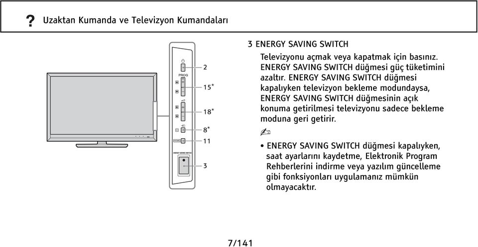 ENERGY SAVING SWITCH düğmesi kapalıyken televizyon bekleme modundaysa, ENERGY SAVING SWITCH düğmesinin açık konuma getirilmesi